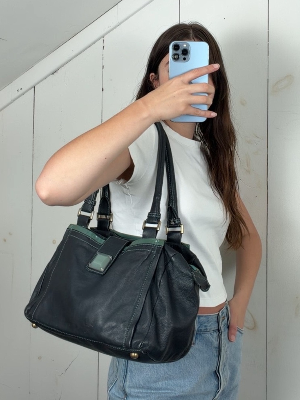 Y2K Boden Navy Blue Leather Slouchy Shoulder Bag Teal Green Trim Zip Closure‎